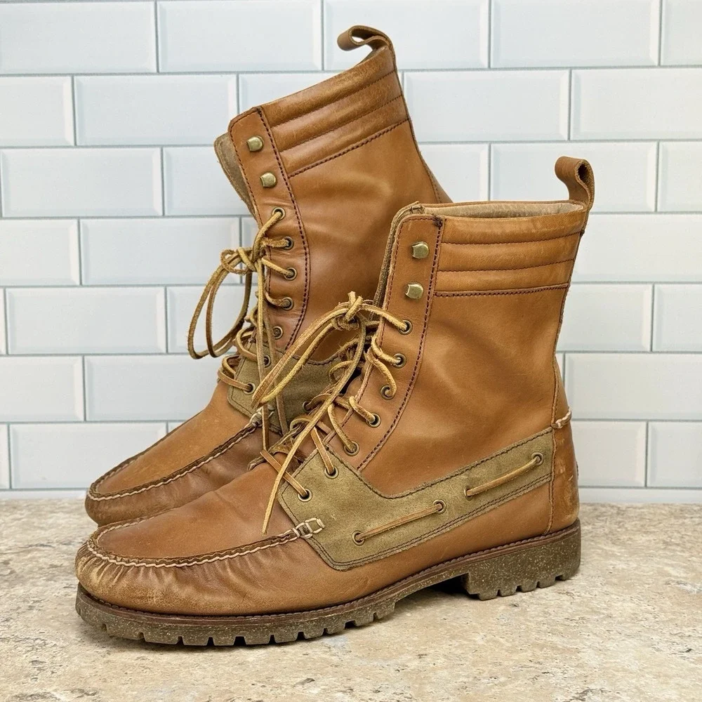 Polo Ralph Lauren Regiment Boots Men 13 D Brown Leather Moc Toe Lace Up Ankle